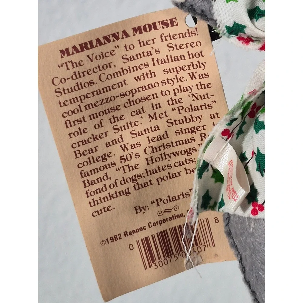 1982 Rennoc Santakins Marianna Mouse Poseable Felt Christmas Ornament Tag